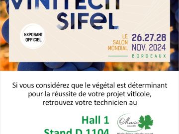 Nous serons présents au @vinitechsifel du 26 au 28 Novembre 2024 au #parcdesexpositionsdebordeaux.
Venez nous retrouver au : Hall 1 Stand D 1104...